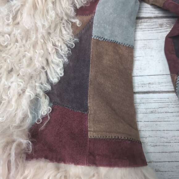 Suede Leather Patchwork with Real Fur Trim Boho Vintage Style Jacket Women 6 - Picture 2 of 6